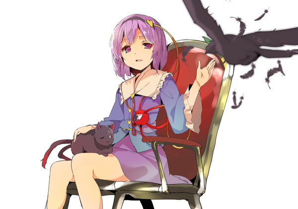 Anime picture 833x585 with touhou komeiji satori reiuji utsuho kaenbyou rin kaenbyou rin (cat) reiuji utsuho (bird) hasebe yuusaku looking at viewer short hair open mouth simple background white background sitting purple eyes purple hair tail one eye closed multiple tails girl skirt