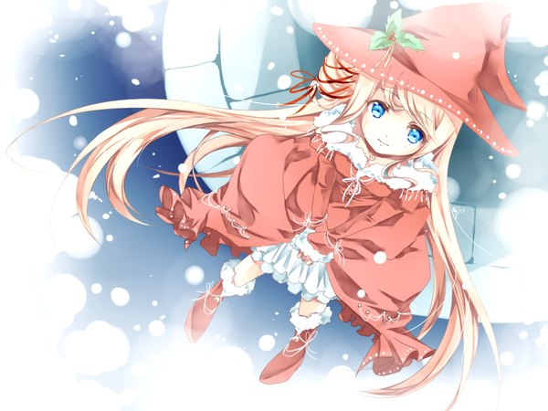 Anime picture 1400x1050 with original blizz single long hair blue eyes blonde hair smile from above loli girl dress ribbon (ribbons) hair ribbon hat witch hat