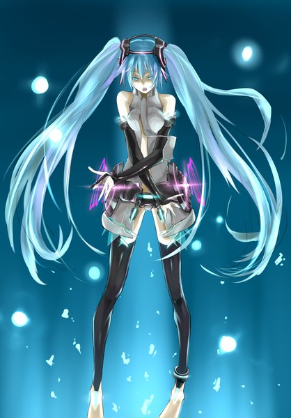 Anime picture 2243x3219 with vocaloid vocaloid append hatsune miku hatsune miku (append) tall image highres blue eyes twintails very long hair green hair girl thighhighs