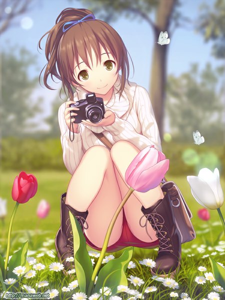 Anime picture 600x800 with ilog original beniya mari mana kakkowarai single tall image short hair light erotic smile brown hair sitting brown eyes ponytail lacing revision girl flower (flowers) bow plant (plants) hair bow