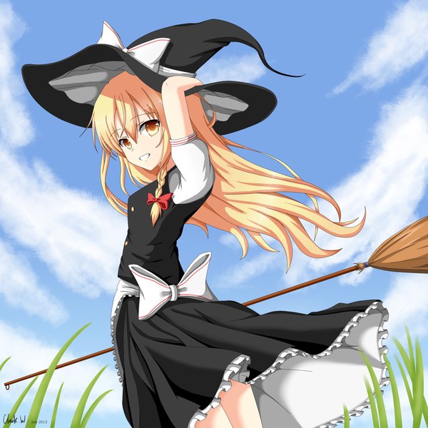 Anime picture 1024x1024 with touhou kirisame marisa okami49 single long hair blonde hair smile yellow eyes sky cloud (clouds) braid (braids) grin single braid girl dress bow plant (plants) hair bow grass witch hat