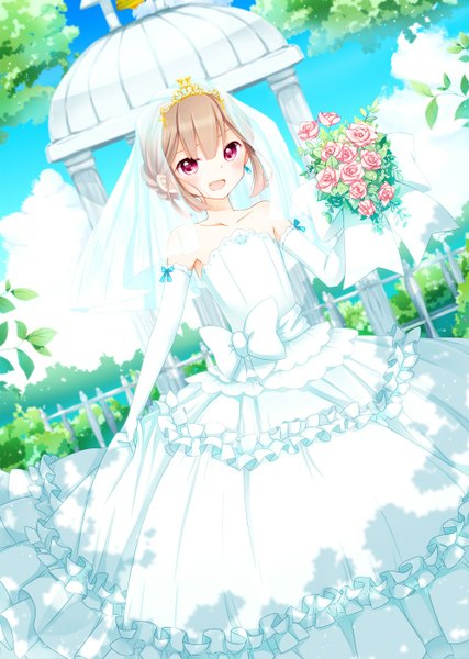Anime picture 998x1402 with original goma (11zihisin) single tall image looking at viewer blush short hair open mouth smile sky cloud (clouds) pink eyes wedding girl dress gloves flower (flowers) bow plant (plants) tree (trees)