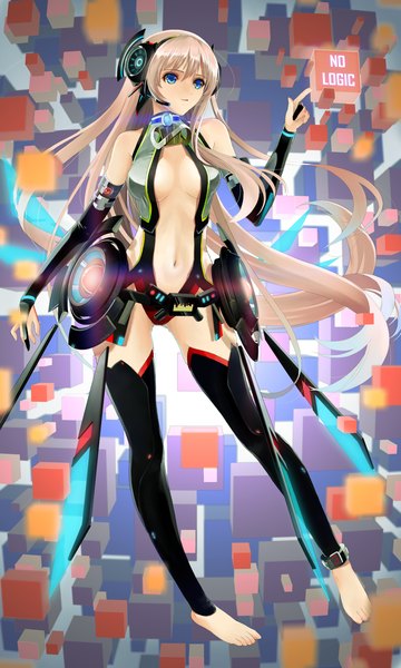 Anime picture 1200x2000 with vocaloid vocaloid append megurine luka megurine luka (append) okingjo single tall image breasts blue eyes light erotic pink hair very long hair barefoot girl thighhighs navel black thighhighs headphones bodysuit