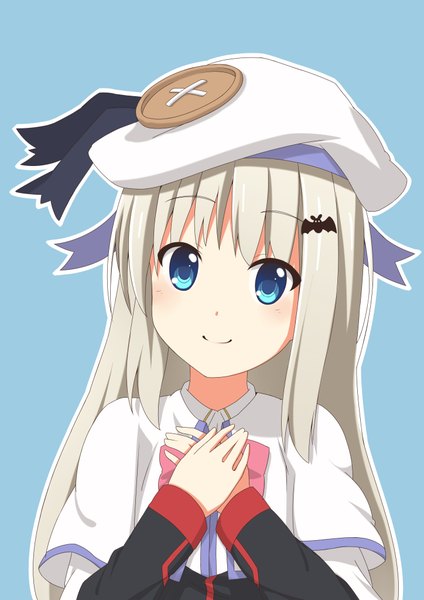 Anime picture 2893x4092 with little busters! key (studio) noumi kudryavka dacchi single long hair tall image highres blue eyes smile white hair loli blue background girl beret