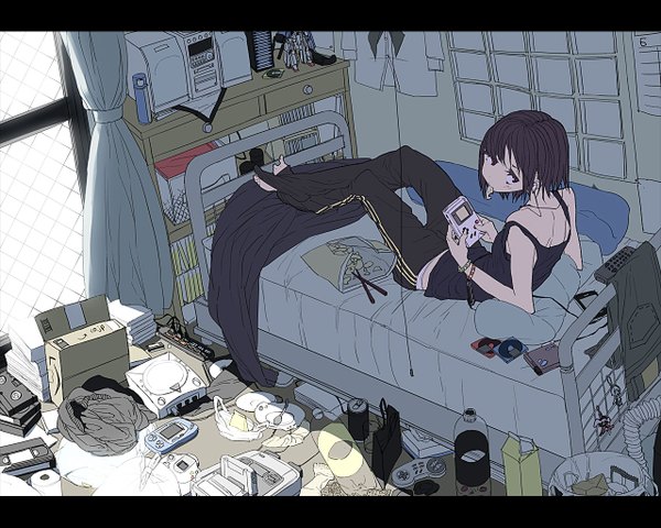 Anime picture 1280x1024 with mahou shoujo madoka magica charlotte original shaft (studio) p.a. works amazon (company) miki sayaka charlotte (madoka magica) kenja tori single blush fringe short hair breasts black hair holding brown eyes looking away bent knee (knees) indoors