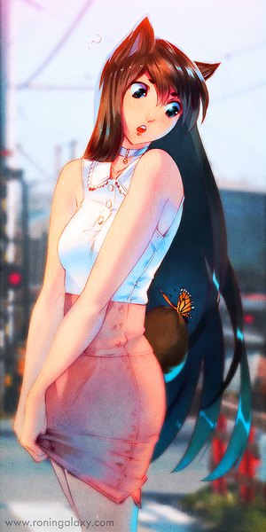 Anime picture 550x1100 with original nakanoart long hair tall image fringe open mouth brown hair standing bare shoulders brown eyes animal ears looking away tail teeth flying girl choker insect butterfly power lines