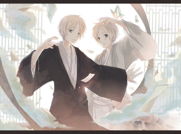 Anime picture 1350x1000 with natsume yuujinchou brains base (studio) natsume takashi kujimaru blush short hair blonde hair brown eyes traditional clothes light smile smoke dual persona alternate age boy insect butterfly paper