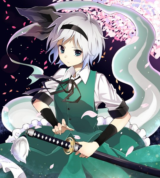 Anime picture 1000x1110 with touhou konpaku youmu myon taiki (ozone) single tall image short hair blue eyes looking away silver hair wind cherry blossoms girl skirt bow weapon plant (plants) hair bow petals sword