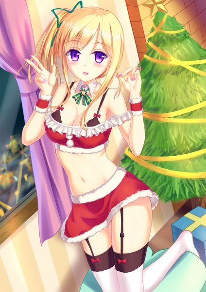 Anime picture 1000x1414 with original yurina (artist) single long hair tall image blush open mouth light erotic blonde hair purple eyes ponytail side ponytail christmas merry christmas girl thighhighs skirt navel miniskirt white thighhighs