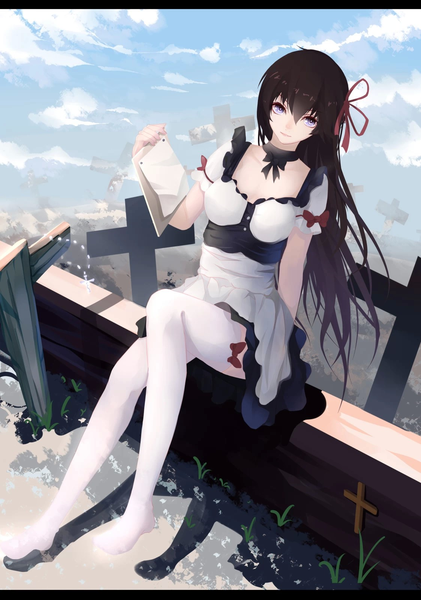 Anime picture 1123x1600 with original .l.l single long hair tall image looking at viewer blue eyes black hair sitting sky cloud (clouds) girl dress bow ribbon (ribbons) hair ribbon
