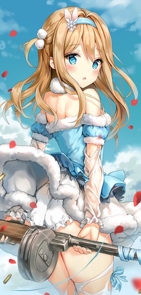 Anime picture 874x1819 with girls frontline suomi kp31 (girls frontline) marmoset (marmoset0) single long hair tall image looking at viewer blush fringe blue eyes light erotic blonde hair hair between eyes bare shoulders holding payot sky cloud (clouds) ass looking back