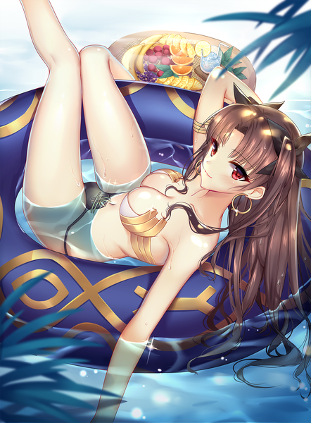 Anime picture 1240x1683 with fate (series) fate/grand order toosaka rin ishtar (fate) mallizmora single long hair tall image looking at viewer blush fringe breasts light erotic smile red eyes brown hair large breasts bare shoulders bent knee (knees) sunlight