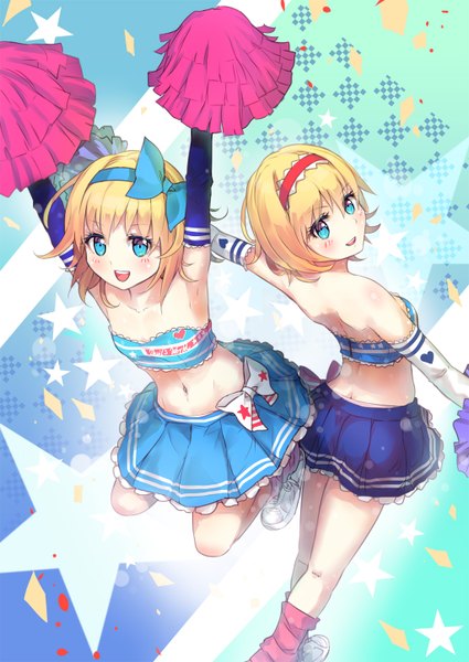 Anime picture 1024x1446 with touhou touhou (pc-98) alice margatroid alice margatroid (pc-98) culter tall image blush short hair open mouth blue eyes light erotic blonde hair bare shoulders multiple girls pleated skirt looking back from behind armpit (armpits) dual persona cheerleader