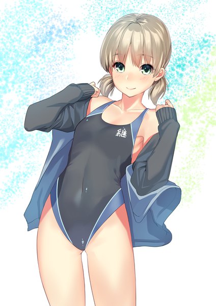 Anime picture 1265x1789 with original kagematsuri single tall image looking at viewer blush short hair blue eyes light erotic blonde hair smile twintails short twintails revision girl swimsuit one-piece swimsuit competition swimsuit black swimsuit