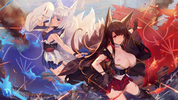 Anime picture 1750x985 with azur lane akagi (azur lane) kaga (azur lane) kakumayu long hair highres short hair breasts blue eyes light erotic red eyes brown hair wide image large breasts multiple girls animal ears cleavage silver hair tail animal tail