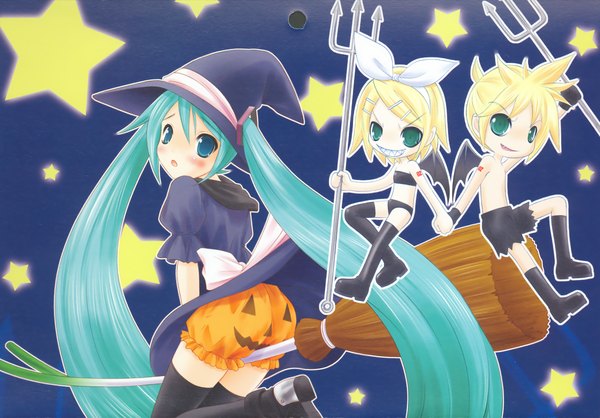 Anime picture 2460x1714 with vocaloid hatsune miku kagamine rin kagamine len highres multiple girls halloween girl weapon 3 girls vegetables pumpkin trident