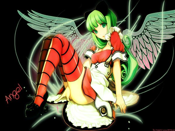 Anime picture 1280x960 with green eyes animal ears green hair angel girl thighhighs wings