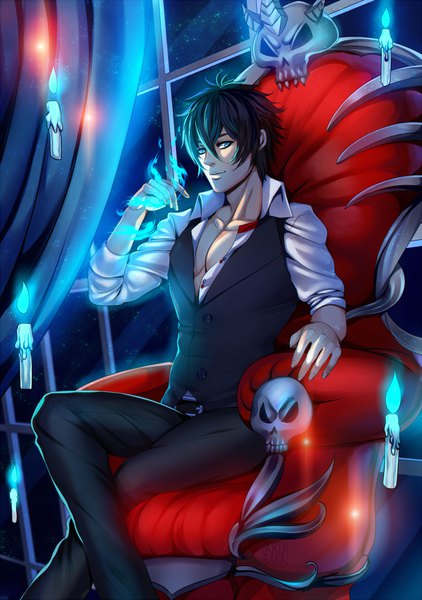 Anime picture 633x900 with original akubaka single tall image looking at viewer fringe short hair blue eyes black hair smile hair between eyes sitting indoors arm up light smile night open shirt night sky crossed legs magic