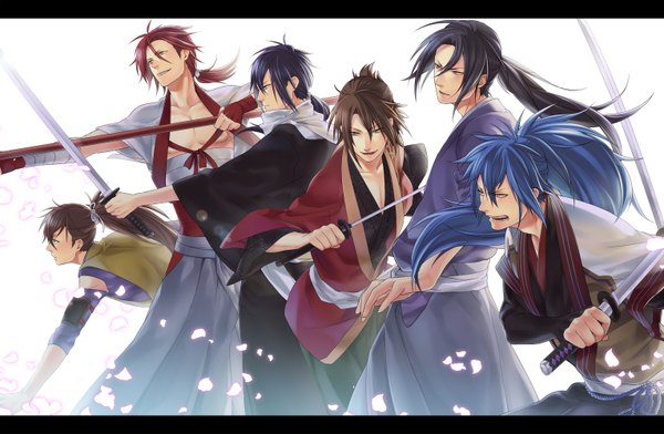 Anime picture 1530x1000 with hakuouki shinsengumi kitan studio deen okita souji (hakuouki) hijikata toshizou (hakuouki) sanosuke harada toudou heisuke short hair white background ponytail japanese clothes group boy weapon petals sword kimono katana headband haori