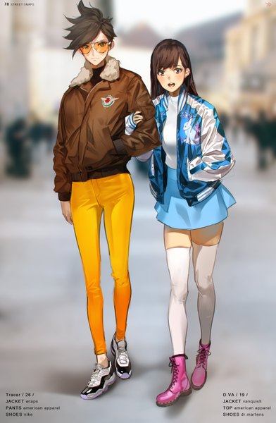 Anime picture 2079x3181 with overwatch blizzard entertainment nike d.va (overwatch) tracer (overwatch) yd (orange maru) long hair tall image looking at viewer blush fringe highres short hair open mouth brown hair multiple girls brown eyes full body blurry alternate costume