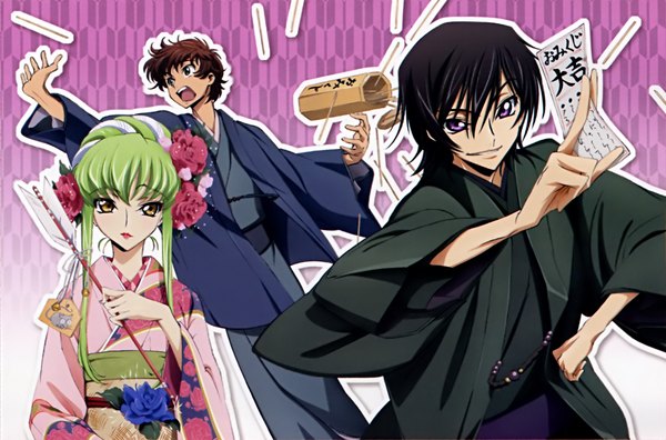 Anime picture 2177x1437 with code geass sunrise (studio) clamp c.c. lelouch lamperouge kururugi suzaku long hair looking at viewer highres short hair open mouth brown hair purple eyes green eyes yellow eyes looking away traditional clothes japanese clothes hair flower green hair