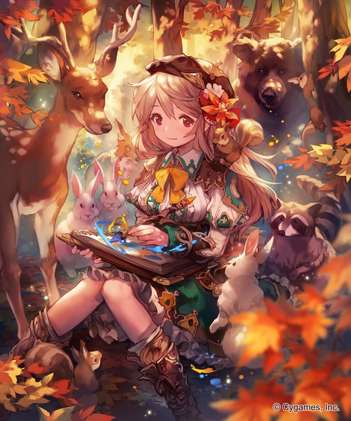 Anime picture 1200x1440 with shingeki no bahamut umberwig single long hair tall image looking at viewer fringe blonde hair smile hair between eyes red eyes sitting holding bent knee (knees) hair flower fingernails light smile official art depth of field puffy sleeves