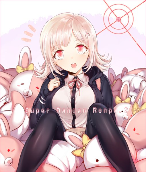 Anime picture 954x1123 with dangan ronpa super dangan ronpa 2 nanami chiaki monomi mery (yangmalgage) single long hair tall image looking at viewer blush fringe breasts open mouth white background sitting pink hair head tilt pink eyes copyright name girl