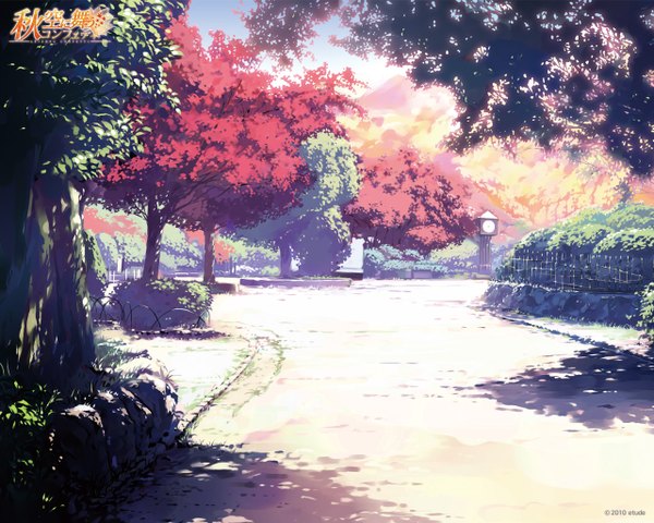 Anime picture 1280x1024 with akizora ni mau confetti ueda ryou sunlight no people landscape nature street plant (plants) tree (trees) leaf (leaves) fence bushes