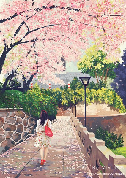 Anime picture 835x1181 with original vivid single long hair tall image black hair sunlight cherry blossoms floral print twisty sleeves girl plant (plants) shirt petals tree (trees) white shirt bag lantern lamppost