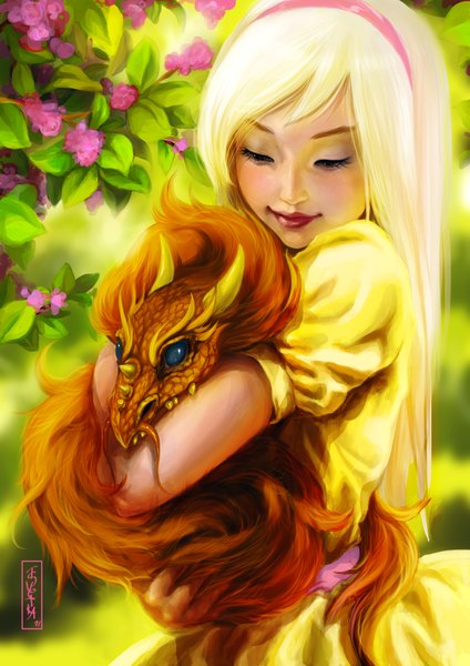 Anime picture 2480x3508 with original ink-pot long hair tall image fringe highres blonde hair smile aqua eyes light smile lips realistic looking down plant (plants) tree (trees) hairband dragon