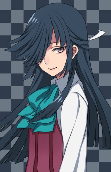 Anime picture 745x1145 with kantai collection hayashimo destroyer sora yoshitake yuda single long hair tall image fringe black hair smile upper body pink eyes hair over one eye looking down checkered checkered background girl uniform school uniform