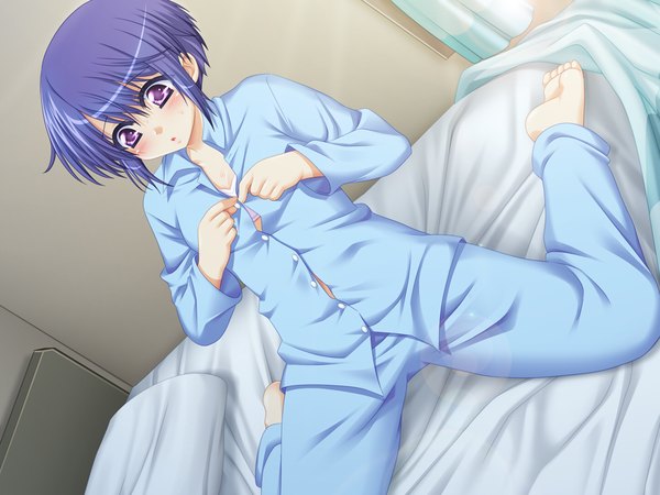 Anime picture 1024x768 with futari wa my angel blush short hair light erotic purple eyes blue hair game cg girl bed pajamas