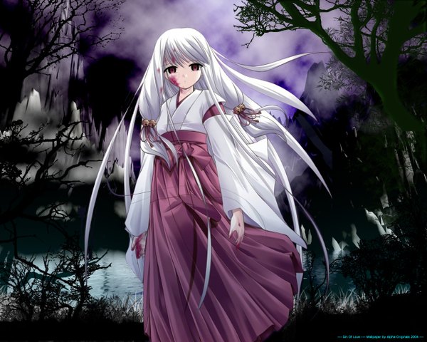 Anime picture 1280x1024 with tsukikagerou arima yuzu single fringe red eyes standing looking away silver hair very long hair traditional clothes japanese clothes wallpaper mountain miko hair bell girl ribbon (ribbons) plant (plants) hair ribbon tree (trees)