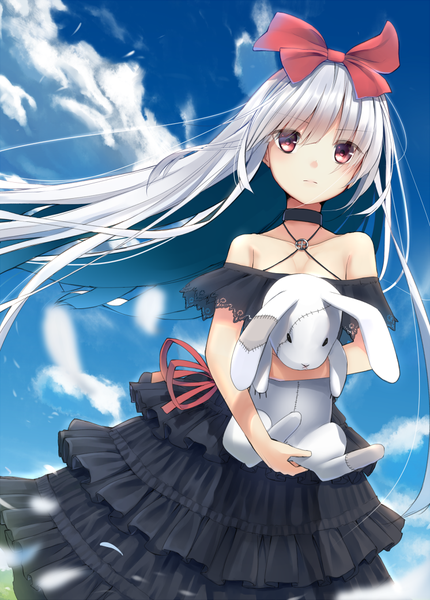 Anime picture 746x1041 with original makadamia single long hair tall image red eyes bare shoulders holding sky silver hair cloud (clouds) outdoors wind serious girl dress bow ribbon (ribbons) hair bow petals
