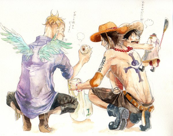Anime picture 1047x827 with one piece toei animation monkey d. luffy portgas d. ace marco (one piece) edward newgate chikama (minka) blush short hair black hair simple background blonde hair smile brown hair white background eyes closed scar squat traditional media watercolor (medium)