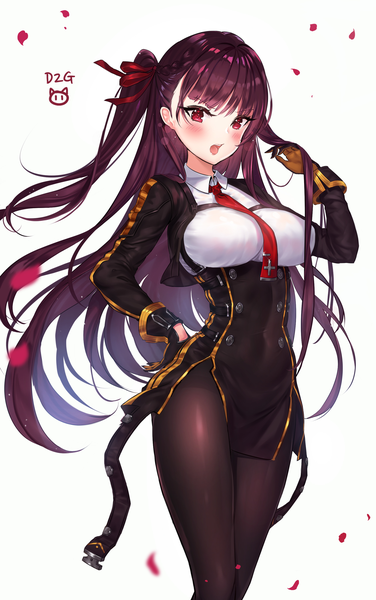 Anime picture 1880x3000 with girls frontline wa2000 (girls frontline) ttaji (pass35) single long hair tall image blush fringe highres breasts open mouth light erotic simple background red eyes large breasts standing white background signed purple hair blunt bangs