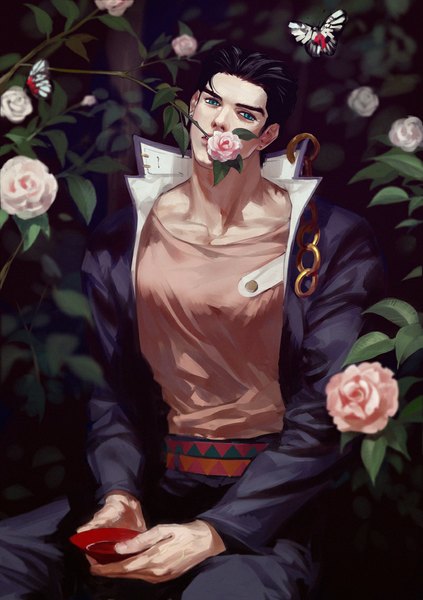 Anime picture 800x1135 with jojo no kimyou na bouken kujo jotaro emg (christain) single tall image looking at viewer short hair black hair sitting aqua eyes no hat boy uniform flower (flowers) school uniform rose (roses) insect butterfly chain alcohol