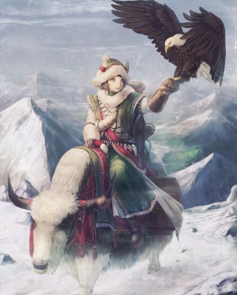 Anime picture 2894x3600 with yazuwo single tall image highres short hair smile sitting looking away grey eyes mountain riding bird on hand girl gloves animal boots bird (birds) winter clothes eagle