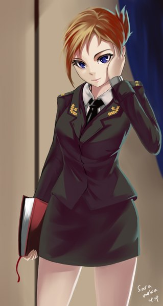 Anime picture 1056x1987 with real life natalia poklonskaya saramoka single tall image looking at viewer highres short hair blue eyes blonde hair standing hand on cheek girl skirt uniform shirt necktie book (books) police uniform