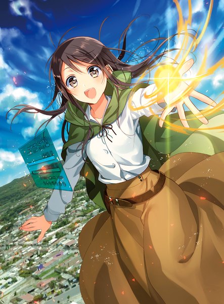 Anime picture 1477x2000 with in another world, i'm called: the black healer kanzaki misuzu murakami yuichi single long hair tall image looking at viewer blush open mouth black hair brown eyes sky cloud (clouds) magic girl skirt shirt cape