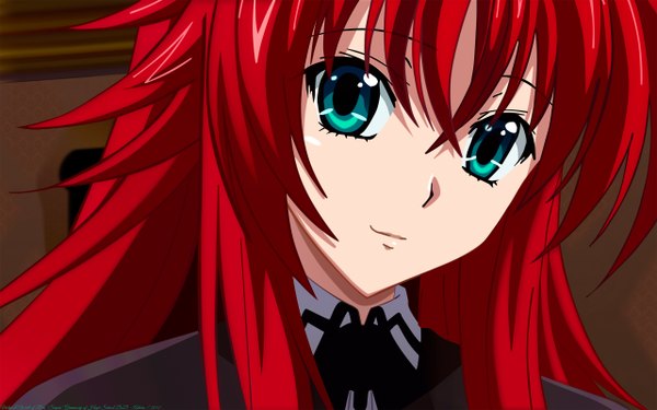 Anime picture 2560x1600 with highschool dxd rias gremory single long hair looking at viewer fringe highres hair between eyes wide image green eyes payot red hair head tilt light smile face girl