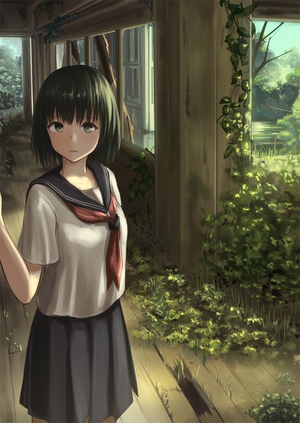 Anime picture 850x1200 with original minagiku single long hair tall image looking at viewer black hair brown eyes pleated skirt girl skirt uniform plant (plants) school uniform tree (trees) serafuku abandoned building