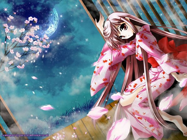 Anime picture 1024x768 with long hair brown hair japanese clothes cherry blossoms kimono moon