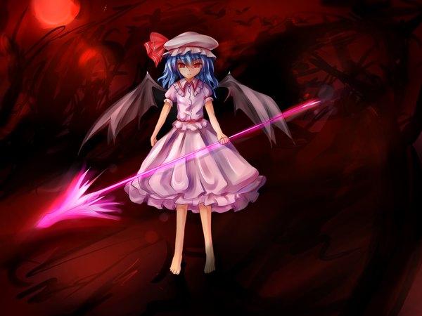Anime picture 4000x3000 with touhou remilia scarlet baisi shaonian single long hair highres red eyes blue hair absurdres barefoot red moon girl dress skirt wings bonnet skirt set spear the gungnir