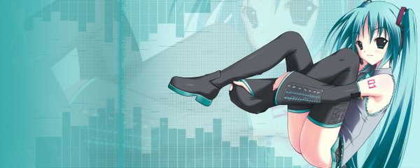 Anime picture 2560x1024 with vocaloid hatsune miku amino kohaku single long hair highres light erotic wide image twintails full body aqua eyes aqua hair aqua background single shoe dualscreen girl thighhighs black thighhighs detached sleeves