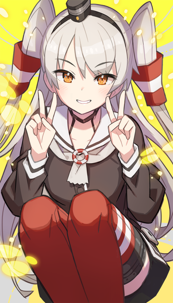 Anime picture 684x1200 with kantai collection amatsukaze destroyer saitou naoki single long hair tall image looking at viewer blush fringe smile grey hair orange eyes two side up victory squat yellow background girl thighhighs uniform hair ornament