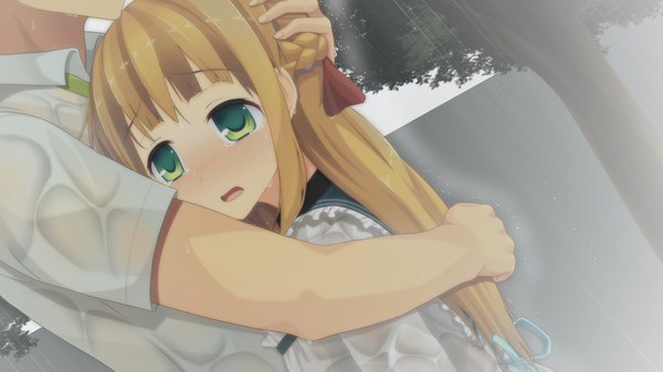 Anime picture 1280x720 with natsuiro asagao residence long hair blush open mouth brown hair wide image green eyes game cg hug rain girl uniform school uniform