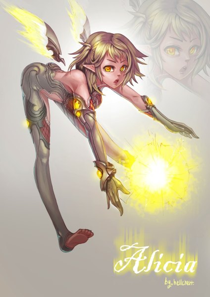 Anime picture 900x1273 with hellcherr single tall image looking at viewer short hair open mouth signed yellow eyes pointy ears inscription leaning leaning forward magic fantasy zoom layer dark hair fairy girl gloves wings