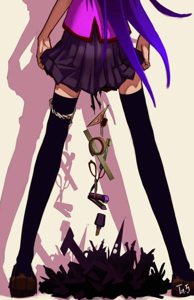 Anime picture 2272x3508 with bakemonogatari shaft (studio) monogatari (series) senjougahara hitagi as109 single long hair tall image highres purple hair from behind reflection girl thighhighs black thighhighs scissors stapler