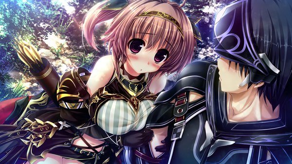 Anime picture 2560x1440 with sakigake generation! clochette shikishima natsume oshiki hitoshi blush highres short hair black hair brown hair wide image purple eyes bare shoulders game cg couple girl boy gloves arrow (arrows)